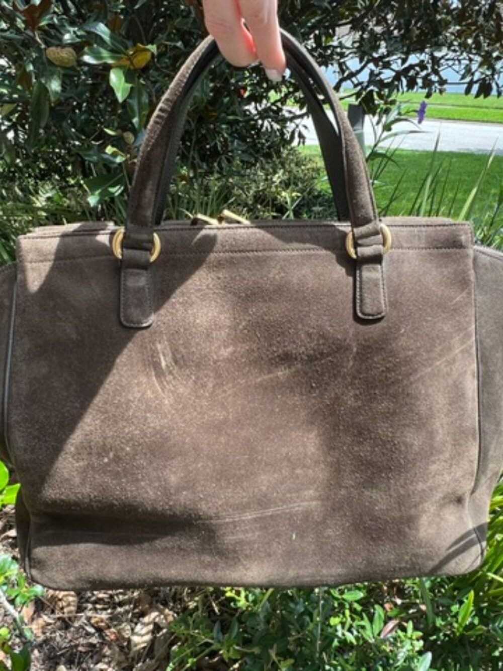 Gucci 1973 Large Brown Suede Top Handle Travel Tote Gold GG "Blondie" - Picture 11 of 15